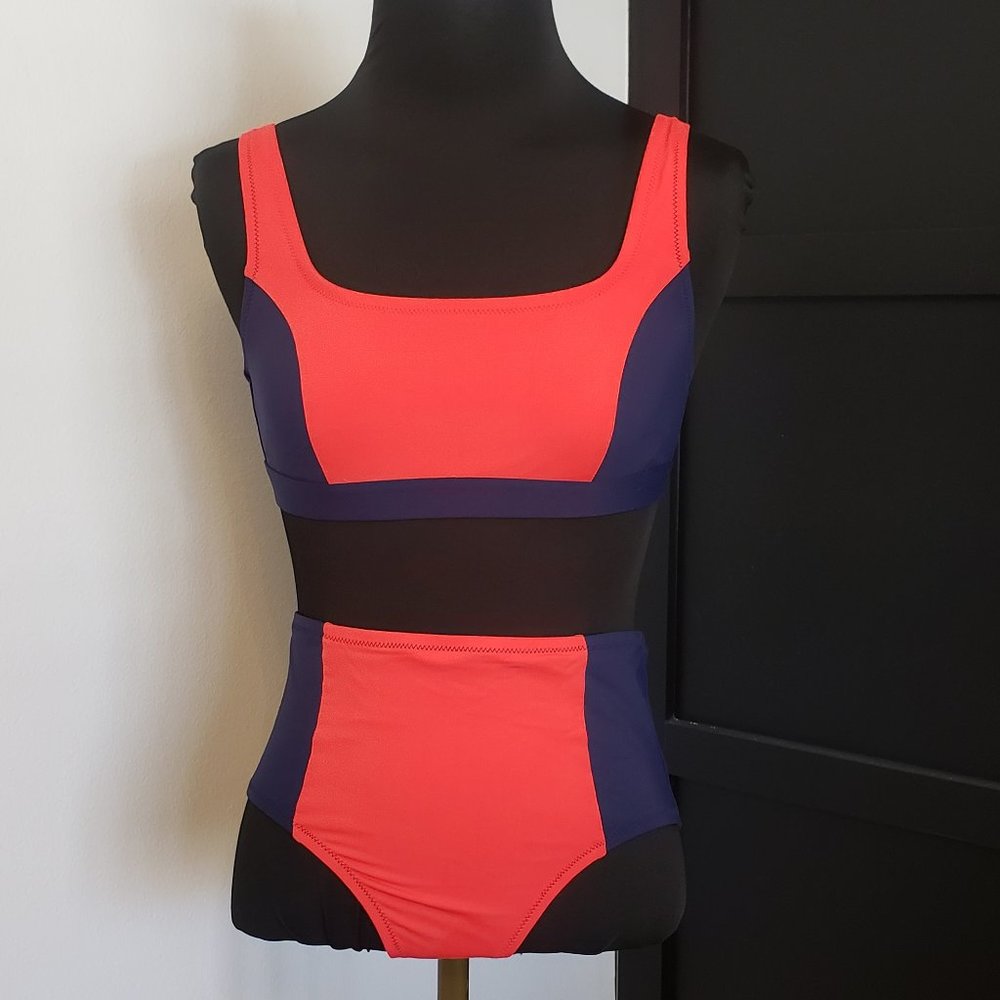 Draper James Coral and Navy High-Waist Bikini Set